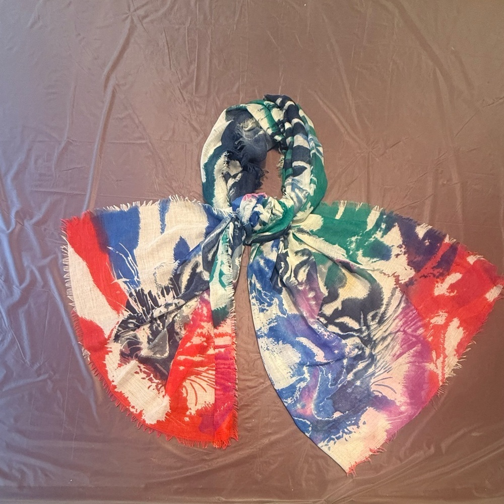 Vintage Multicolor Animal Tiger Rectangle Scarf Wrap Red Blue Green Purple - Picture 2 of 7